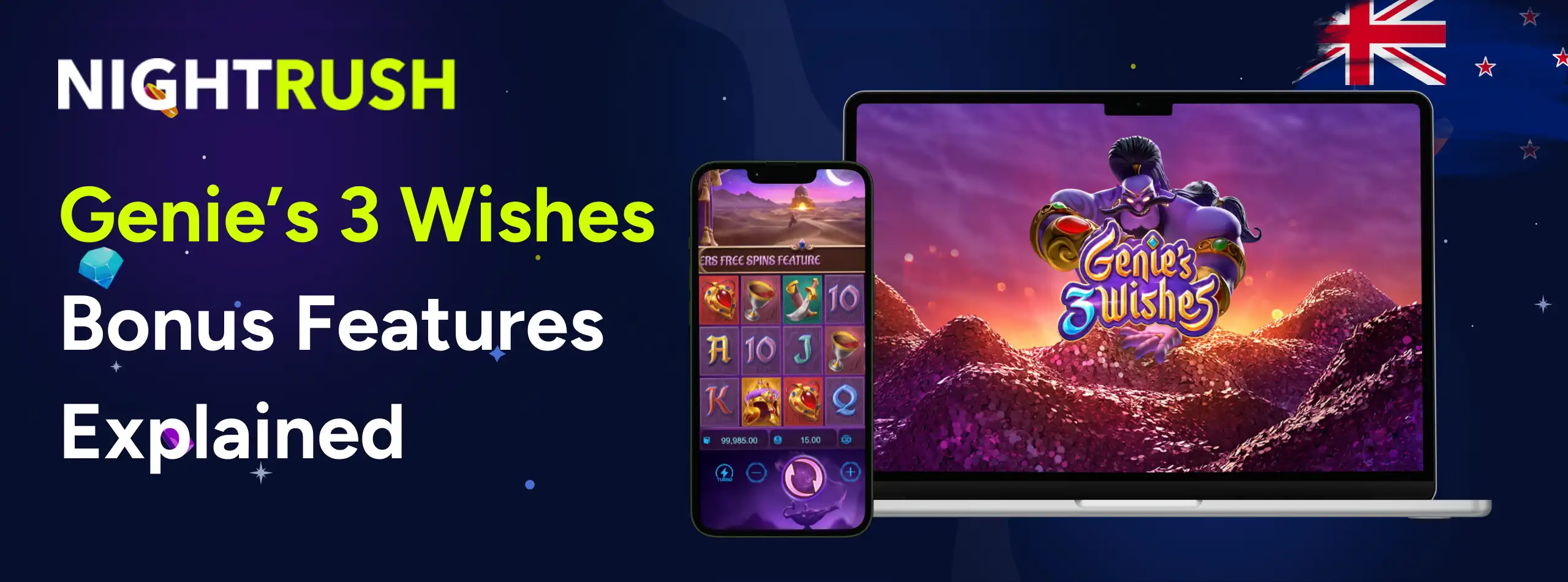 NightRush Genie’s 3 Wishes bonus features explained with slot game shown on mobile and desktop screens