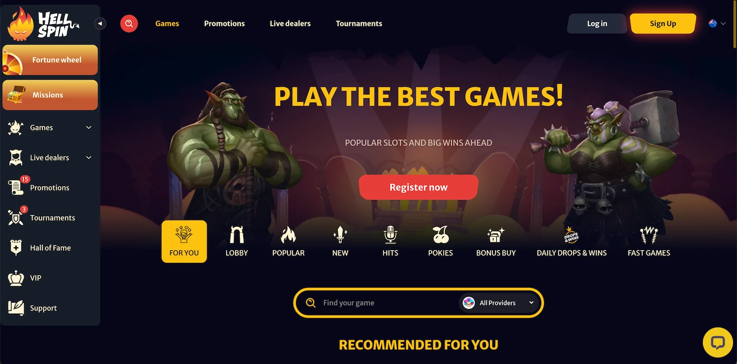 A screenshot of the HellSpin Casino homepage.