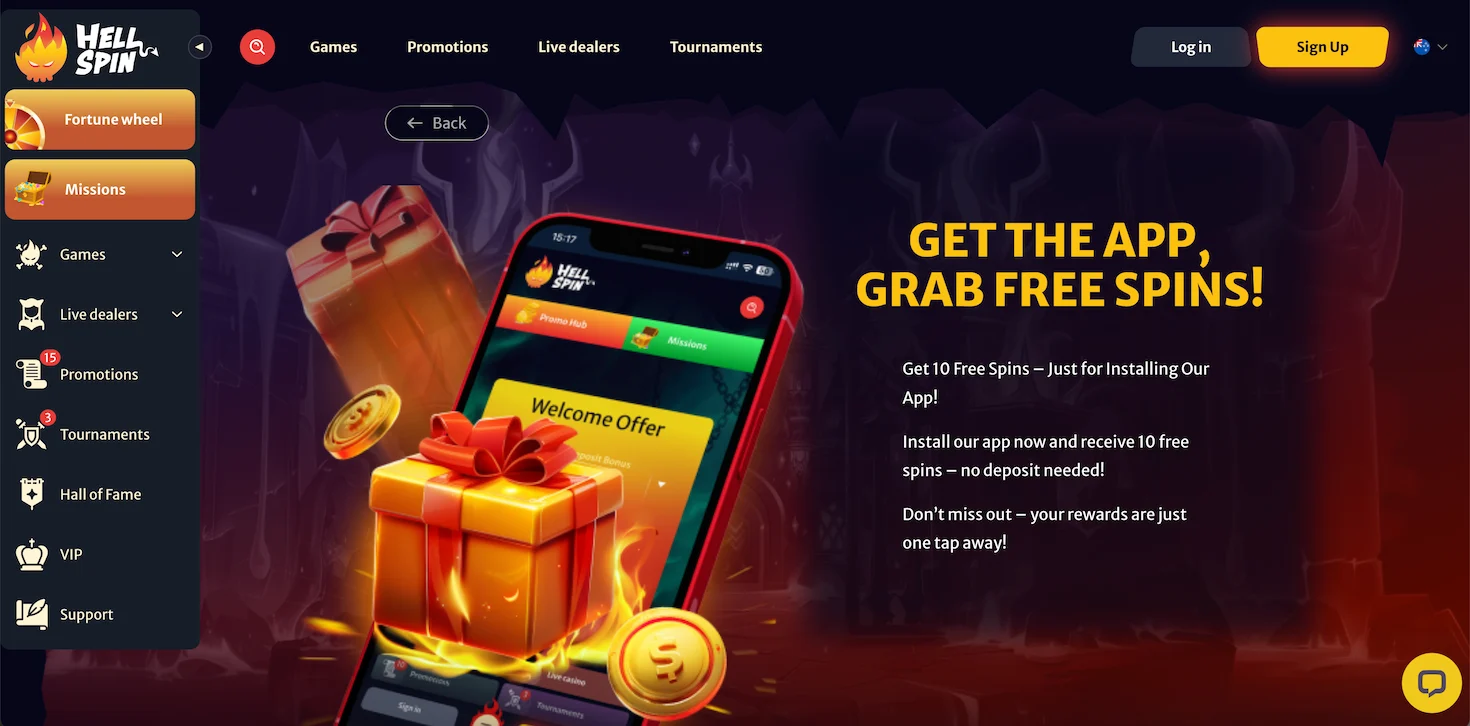 A banner for HellSpin Casino mobile app bonus.