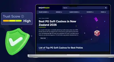 NightRush trust score high banner showing best PG Soft casinos in New Zealand 2026 on desktop screen