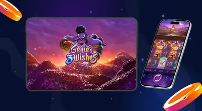 Genie’s 3 Wishes slot game displayed on tablet and mobile screens with casino coin graphics