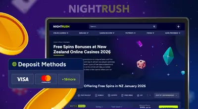 Laptop showing free spins bonuses in New Zealand for 2026 next to Visa and Mastercard icons.