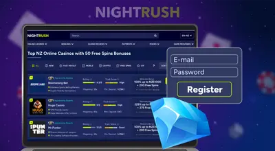 A laptop displays a webpage listing online casinos, next to a pop-up registration form for a new account.