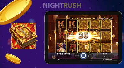 Tablet showing Book of Rebirth free spins win next to a golden book and gold coins.