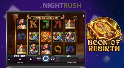 Laptop screen showing Book of Rebirth slot with a pharaoh symbol next to a golden crown.