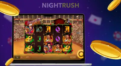 Laptop showing Bulls Run Wild slot with matador symbols next to floating gold coins.