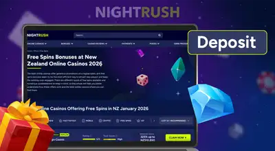 Laptop showing deposit bonus offers for 2026 next to a Visa card and red gift box.