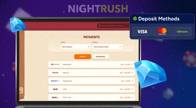 Laptop showing payment options for New Zealand next to Visa and Mastercard icons and blue gems.