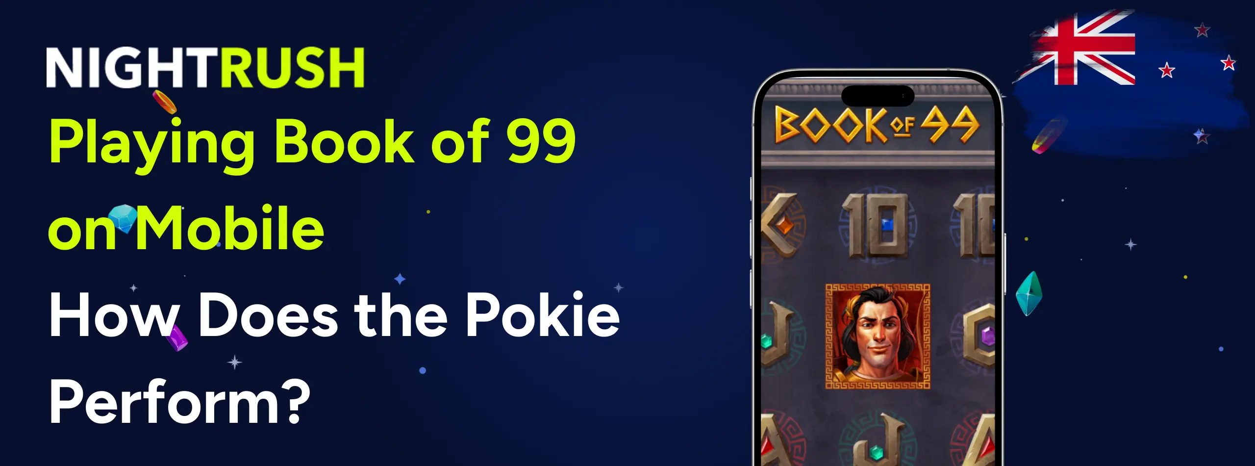 Smartphone showing Book Of 99 mobile gameplay with a Greek male symbol and New Zealand flag.