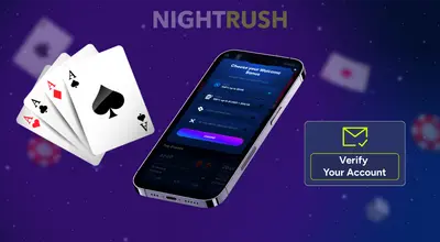 A smartphone displays a casino app's welcome bonus screen with a hand of four aces next to it.