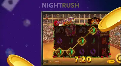 Tablet showing Bulls Run Wild winning payline next to floating gold coins and a bull symbol.