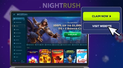 Laptop showing Slotuna website with CLAIM NOW and VISIT WEBSITE buttons.