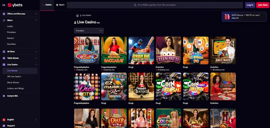 Ybets Casino live casino page