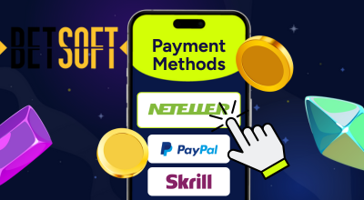 Phone showing payment methods, Betsoft logo.