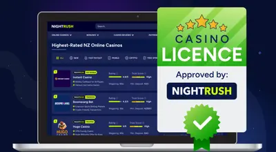 A laptop displays a list of Highest-Rated NZ Online Casinos on the Nightrush website.