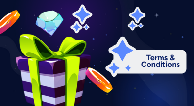 Casino bonus terms and conditions graphic with a gift box and gems.