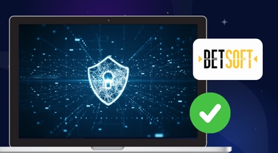 Laptop showing a secruity and approved badge with a Betsoft logo next to it.