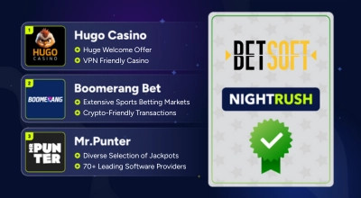 Infographic showing casinos like Hugo, Boomerang Bet, Mr.Punter, with a Betsoft logo.