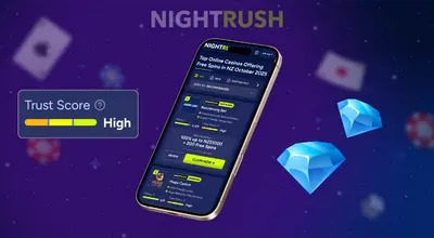 A phone displays Top Online Casinos with free spins, a High Trust Score, and two large diamonds.