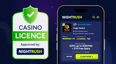 Nightrush-approved casino license badge with mobile casino offer on screen.