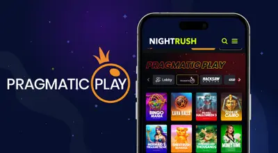 A phone displays a selection of Pragmatic Play casino games next to the company's crowned logo.