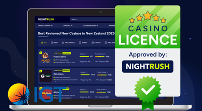 Laptop showing Nightrush website, approved badge, IGT logo.