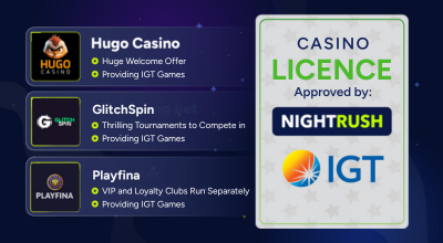 Infographic showing IGT casinos like Hugo, Glitch Spin, Playfina.
