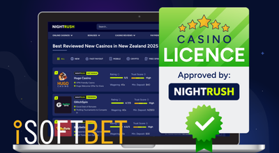 Laptop showing Nightrush website, approved badge, iSoftBet logo.