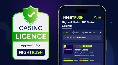Mobile interface showing licensed and highly-rated New Zealand online casinos.