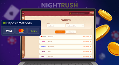 Laptop screen showing a casino payment page with various deposit methods for New Zealand