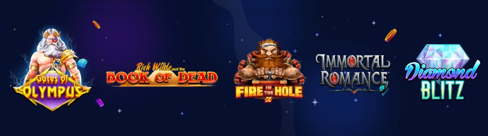 Banner showing popular casino game titles like Gates of Olympus & Diamond Blitz.