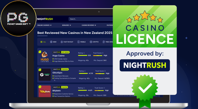 Laptop showing Nightrush website, approved badge, PG Soft logo.