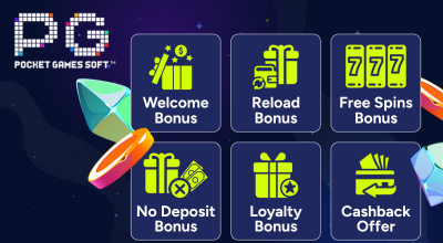 Infographic showing bonuses, PG Soft logo.