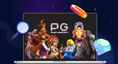 Laptop showing PG Soft game characters.