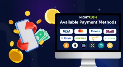 A monitor displays Available Payment Methods next to a phone with money and red exchange arrows.