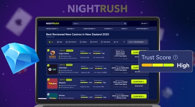 Laptop displaying reviews of best-reviewed new casinos in New Zealand with a Trust Score.