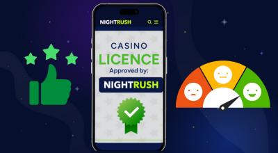 Casino licence on a phone, player satisfaction symbols, against a dark background.
