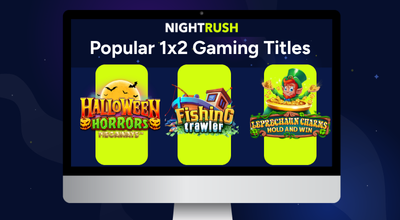 Popular 1x2 Gaming titles with text on a screen against a dark background.