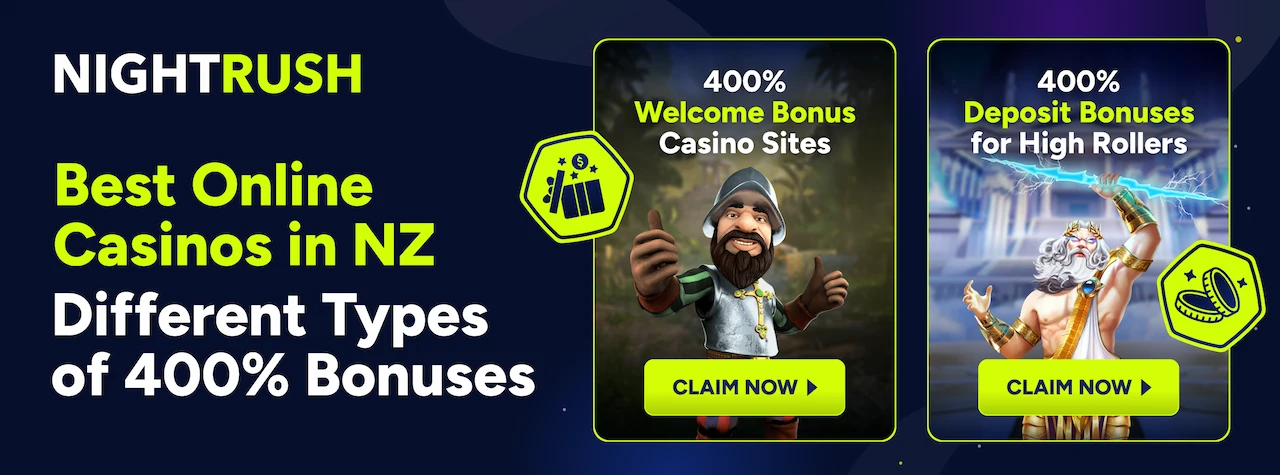 Banner displaying different types of 400% casino bonuses.
