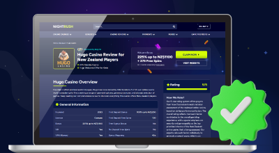 Casino review page displayed on laptop with verification checkmark.