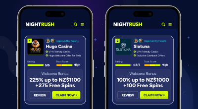 Mobile screens showing casino welcome bonuses and ratings.