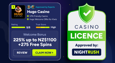 Casino review card with license approval and welcome bonus details.