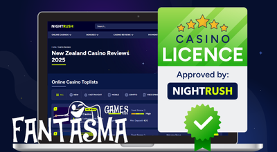 Laptop showing Nightrush website, approved badge, Fantasma logo.