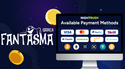 Laptop showing payment methods, Fantasma logo.