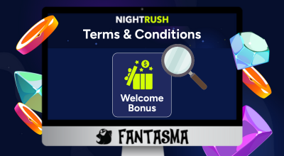 Laptop showing welcome bonus with title of T&Cs, Fantasma logo.