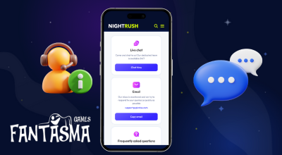 Phone showing support channels, Fantasma logo, icons related customer support.