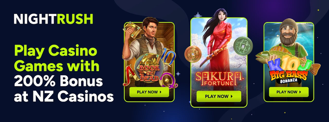 Banner featuring a 200% bonus to play games at NZ casinos.
