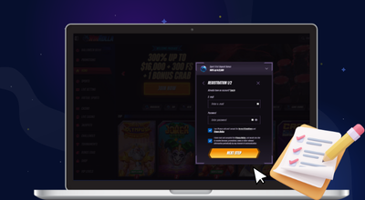 Laptop showing Win Rolla website with registration pop up.