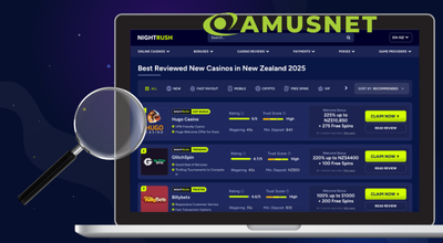 Nightrush casino list on a laptop, Amusnet logo, magnifying glass on a blue background.