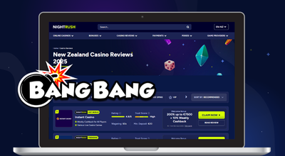 Bang Bang Games logo, Nightrush website on a laptop against a dark setting.